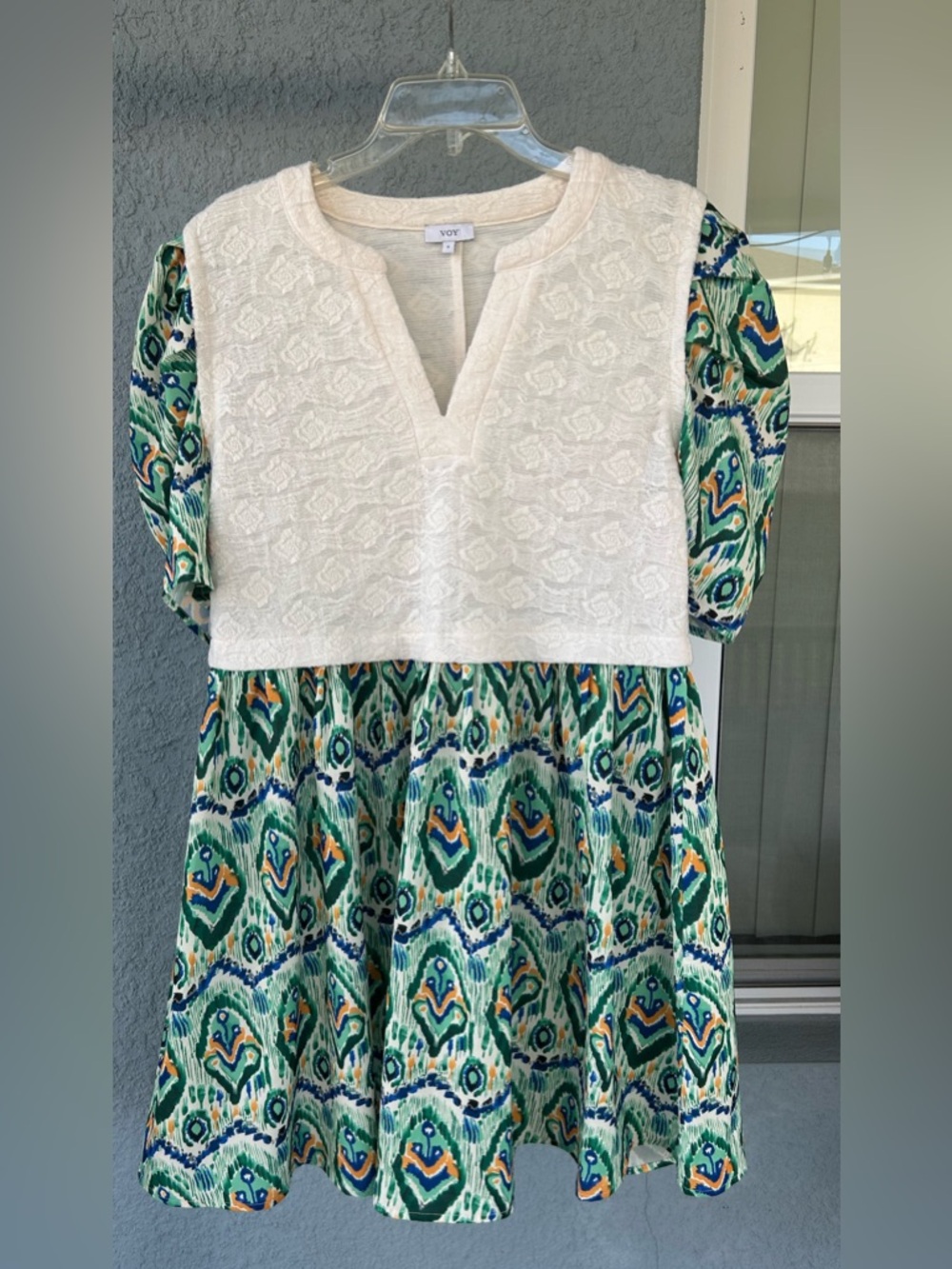 VOY Boho Babydoll Dress Women Textured Knit Tribal Print Puff Sleeve Mini Small